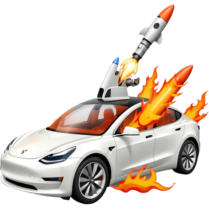 Tesla model 3 white. Two rockets mounted on roof flame backwards emoji