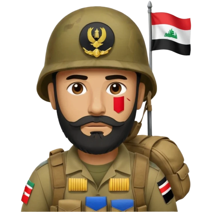 A very tired and sad, swarthy Iraqi soldier with a beard, an Iraqi flag on his helmet, a sad expression and bags under his eyes emoji