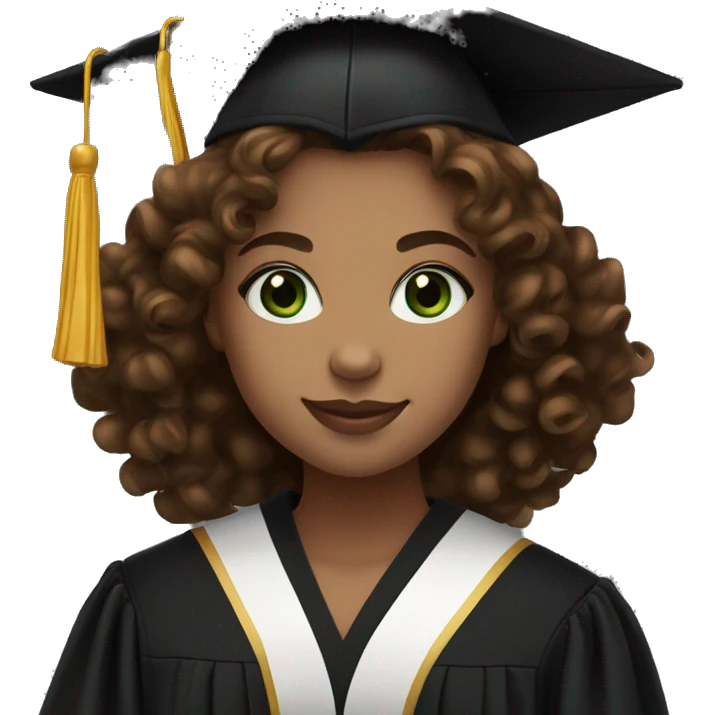 girl with green eyes and brown curly hair ,smiling, wearing a black midi dress,black heels and graduation hat and robe  emoji