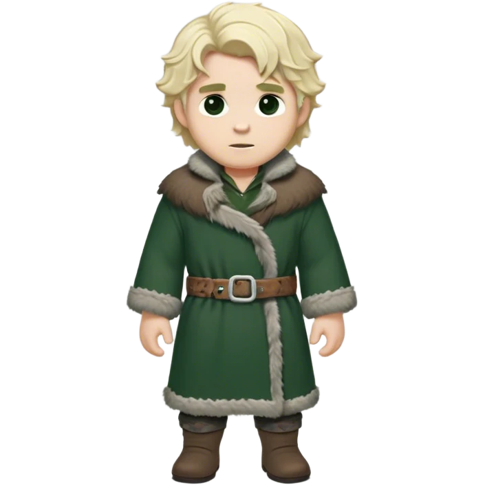Medieval winter outfit worn by a DnD themed fantasy male character. Double-layered forest green wool tunic with bear fur lining, decorated with pewter toggle closures and a thick woven belt. Clothes only above the waist, full waist coverage. The character has no arms. Character is white-skinned with pale blonde hair, steel gray eyes, and medium-length wavy hair with frost-tipped ends emoji