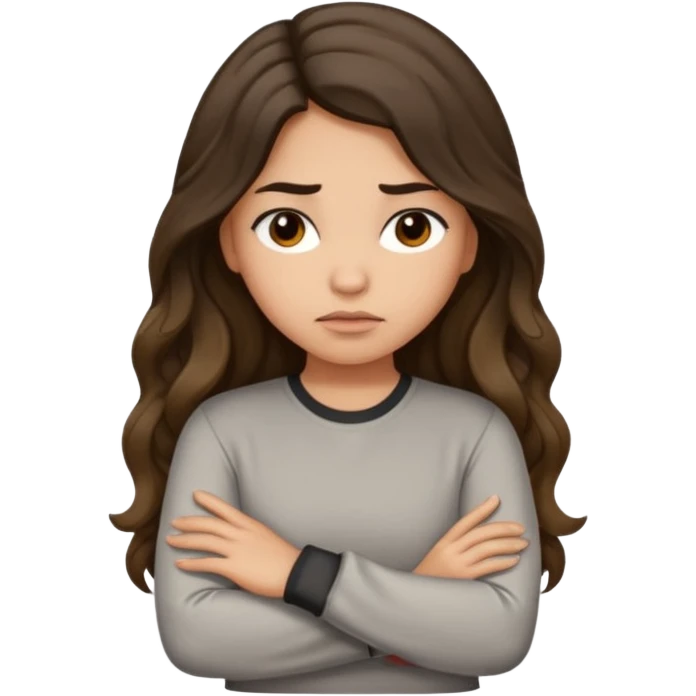 Hispanic light tan girl with long dark wavy hair with arms folded and pouting. Wearing a long sleeve. Hair with middle part. emoji