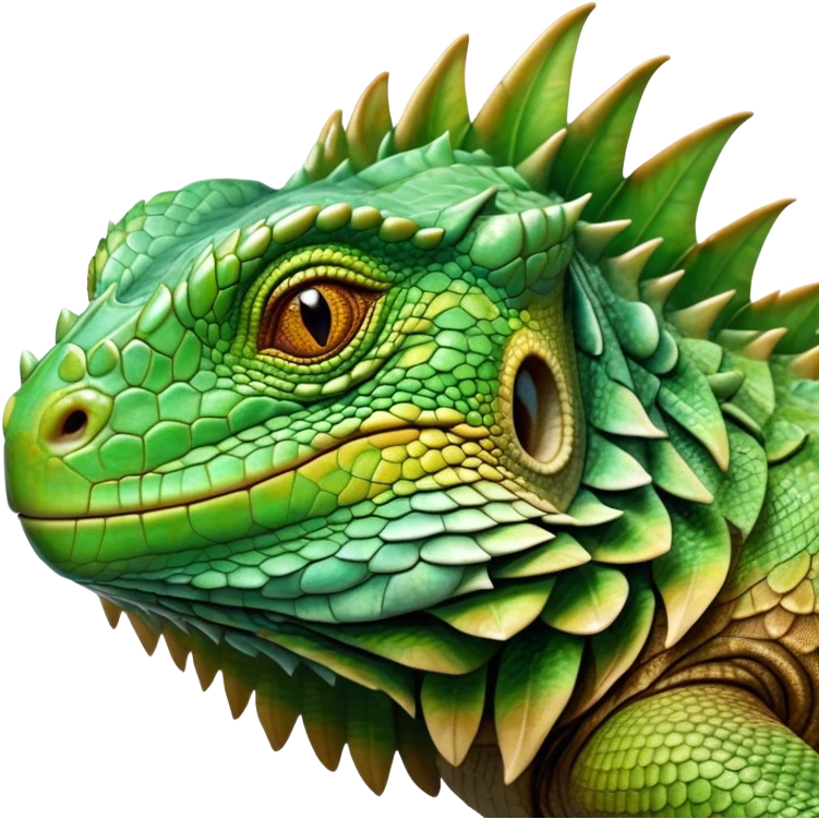 Cinematic Realistic Noble Iguana Portrait Emoji, Poised and commanding, with a robust, elongated body covered in intricately detailed, rough scales in vibrant shades of green with earthy brown accents, and a sharply defined head with piercing amber eyes, rendered with lifelike texture and natural light that accentuates every scale, high shine, intelligent and formidable, styled with an air of tropical authority, focused and attentive, soft glowing outline, capturing the essence of a watchful and confident iguana that appears ready to bask in the sun with effortless grace! emoji
