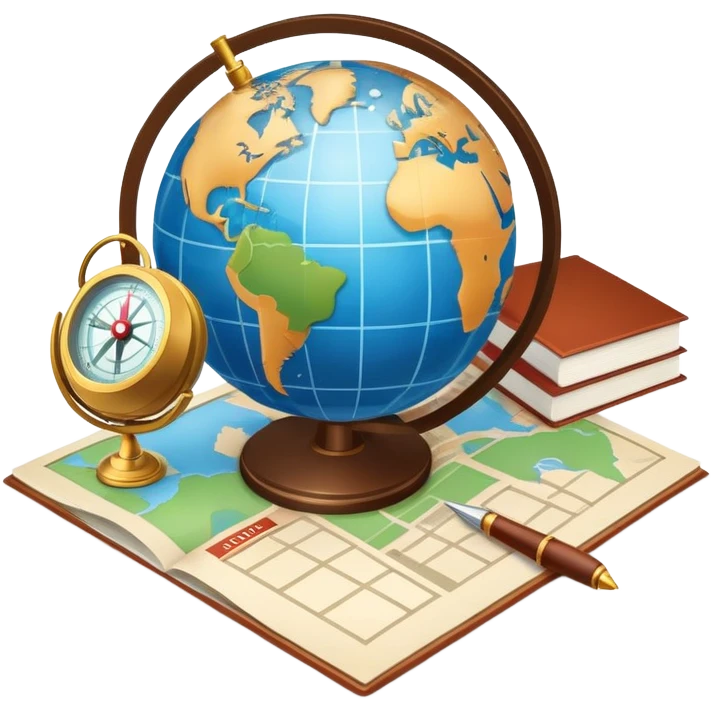 An icon featuring a hotel building, and a globe, symbolizing the scientific study of tourism and hospitality. The design includes a map, a compass, and a checklist, representing travel planning and service management. Transparent background highlights the academic exploration of the tourism industry emoji