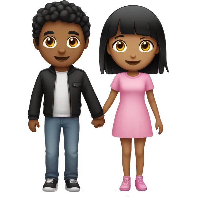 Emoji of a tan girl with black hair wearing pink and a fair skin boy with black hair wearing black holding hands emoji