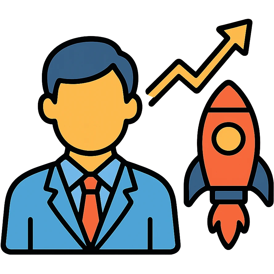 Business person with rocket launch and upward trending chart emoji
