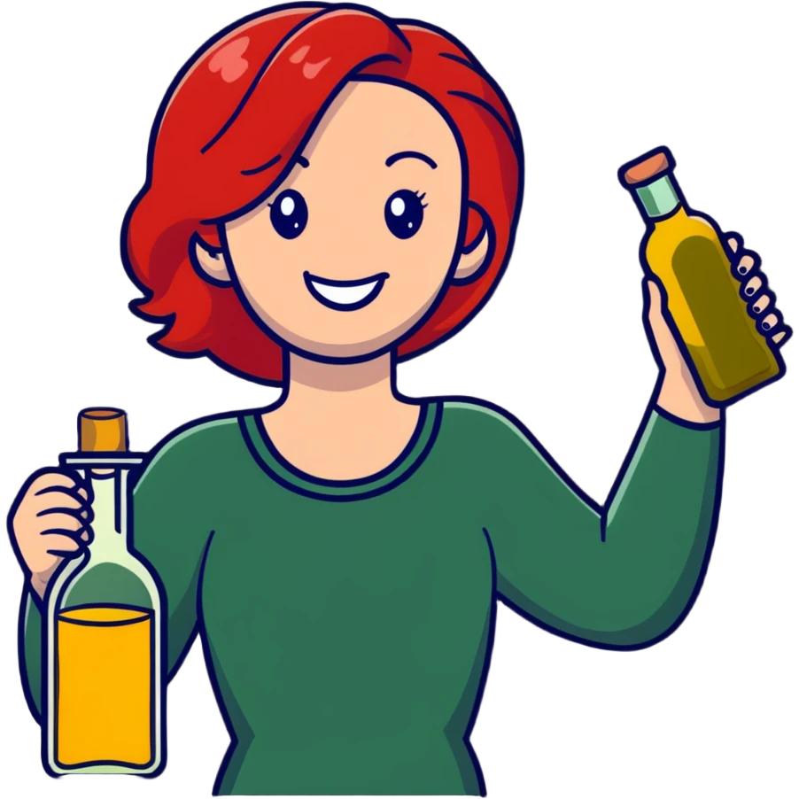 redhead woman with big smile holding olive oil bottle emoji