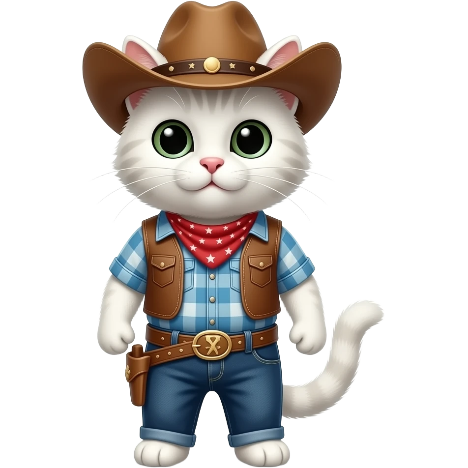 white cat standing and wear cowboy outfit and hat emoji