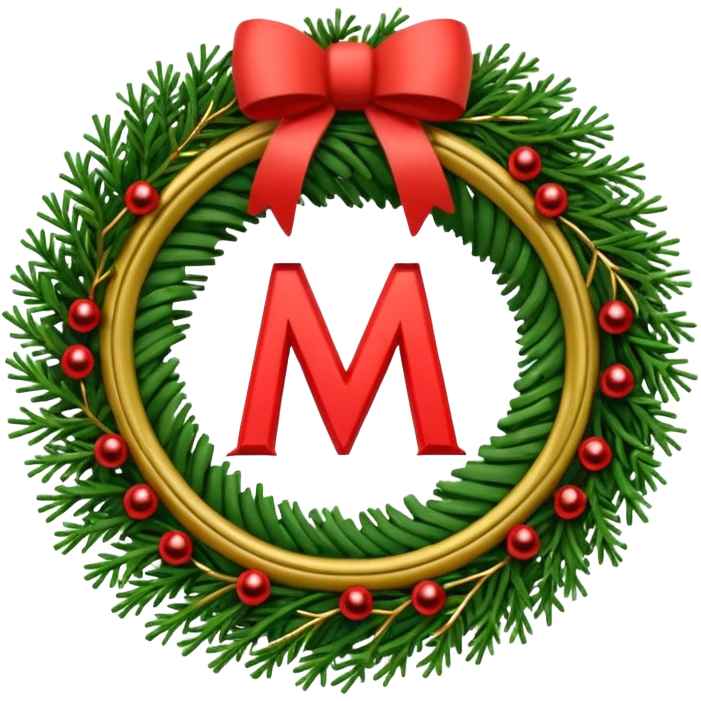 3D emoii of the iconic Moscow Metro "M" logo, reimagined as a Christmas wreath. Made of green pine needles, decorated with small red ornaments and glowing golden LED emoji