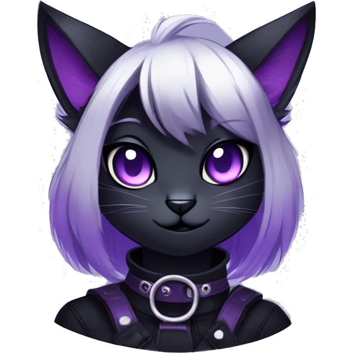 Gorgeous furry gothic dark techwear anime style anthro black cat furry sona Fakemon with blushing face aesthetic and pretty edgy black with violet collar and harness trending style emoji