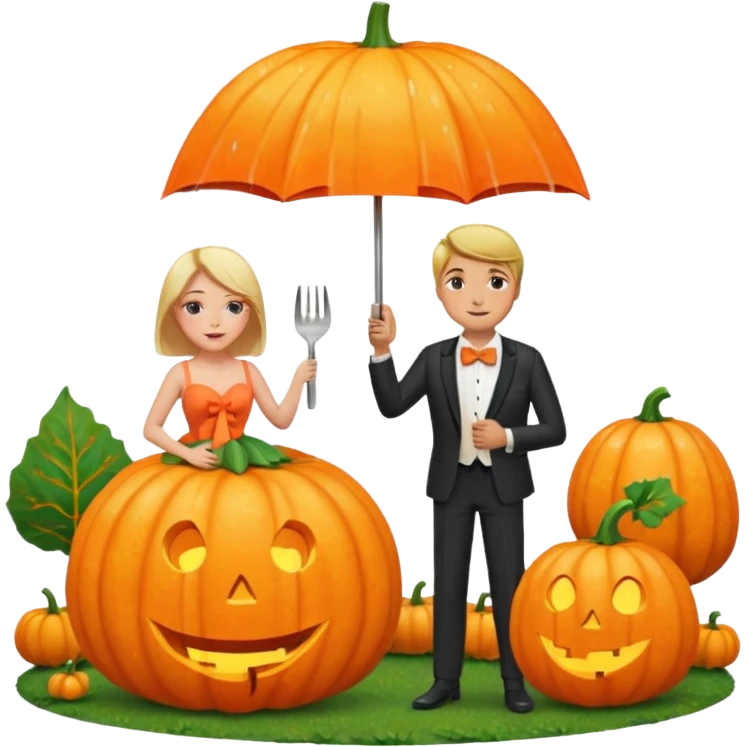 Make a guy hugging a giant pumpkin with a fork in his right hand while there's fire while there's a lady watching while it's raining while there's an umbrella on the ground that's alive and the sun has a bow tie on his neck emoji