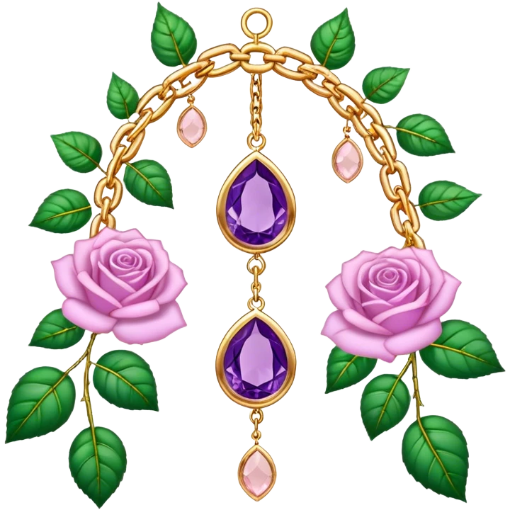Hanging suncatcher, gold chains with shiny sparkly amethyst and rose-quartz gemstones, roses, beautiful leaves, gorgeous aesthetics emoji