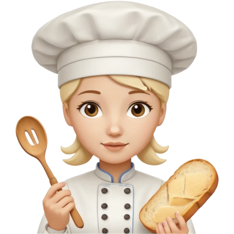 Young female baker - white chef hat, holding cream piping bag to milk oil on bread emoji