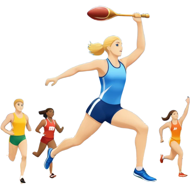 An icon featuring a collage of track and field equipment: a javelin, shot put, discus, high jump bar, and running shoes. The background shows a lively stadium with cheering fans, bright lights, and a clear sky, symbolizing the diversity of athletics. Transparent background emphasizes the sport. emoji