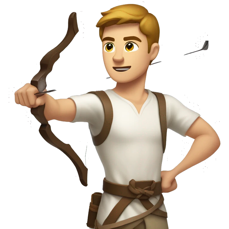 a male archer bending a bow, wearing a white shirt, very short brown hair, bright skin, only show upper part of the body from waist up emoji