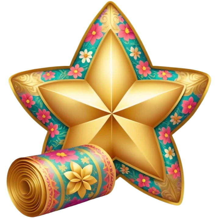 simple composition of a glowing sparkle or star shape in foreground with only a roll of patterned fabric behind it, no faces emoji