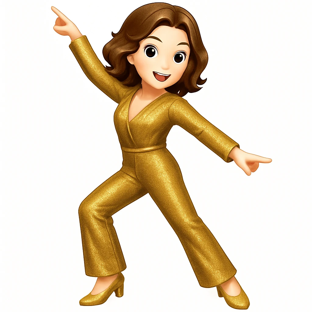 Make the woman do the exact pose of the 🕺🏻 emoji (one arm up, one arm out, one leg bent), keep white skin, brown hair, sparkly jumpsuit, emoji style emoji