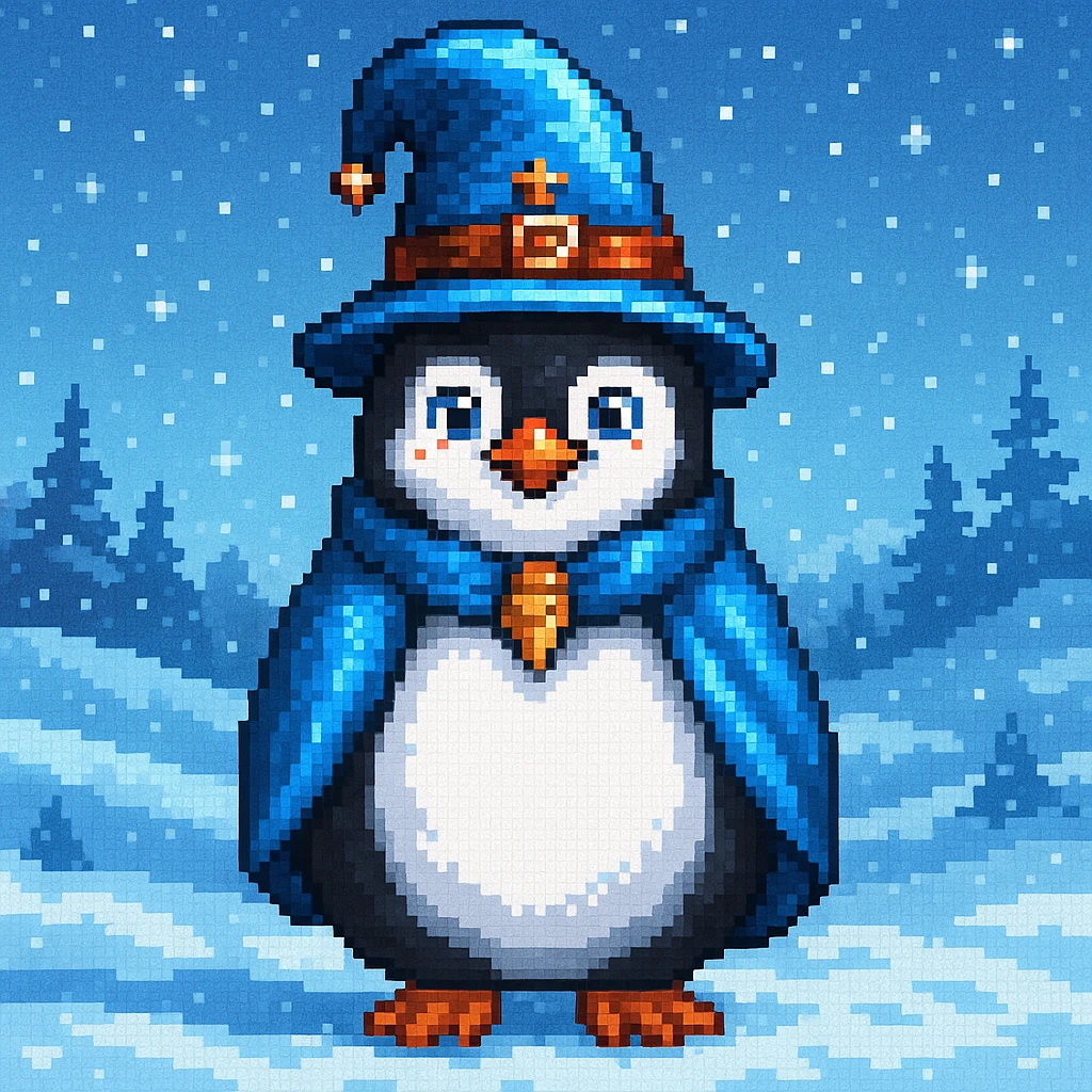 Make a snowy landscape background behind the penguin wizard, keep all original colours and lighting in pixel art style emoji