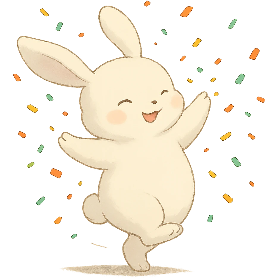 cotton bunny throwing confetti and spinning, full body, clean and polished, no imperfections, soft Ghibli style emoji