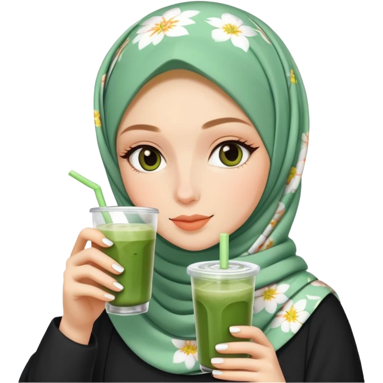 White girl wearing flower hijab drinking iced matcha emoji