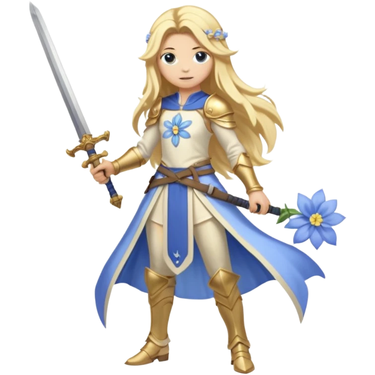 Lumine (from Genshin Impact) White and golden clothes, blonde, long-haired, with a pastel-indigo flower in hair and with a sword (full body) emoji