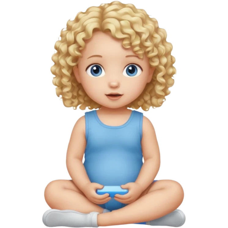 blonde curly hair blue eye baby girl sitting on the floor talking emoji