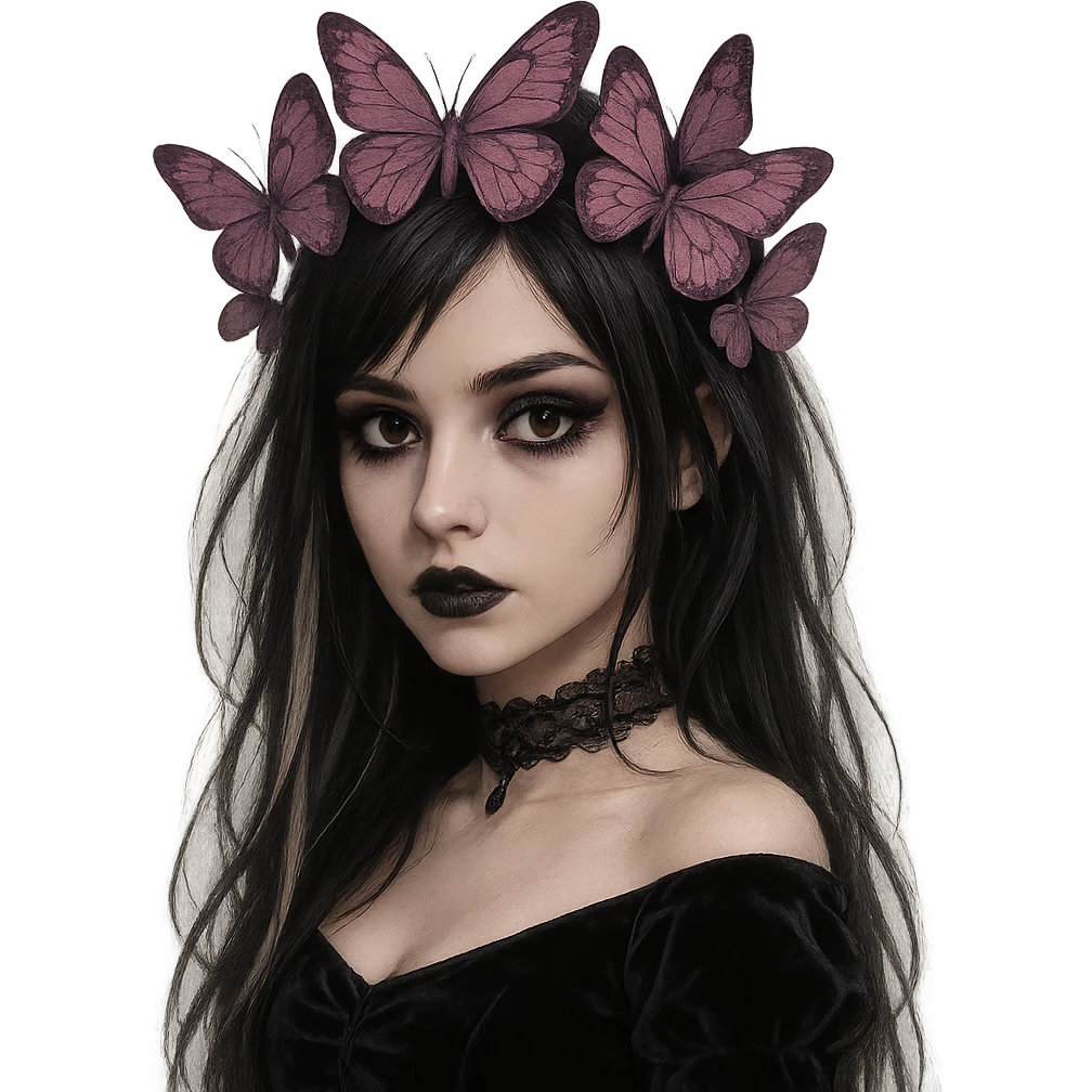 emo girl, mysterious and elegant, gothic style, dark hair with streaks, expressive eyes, butterfly crown in matte pink and purple emoji