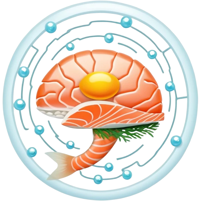 A sparkling crystal brain surrounded by pieces of salmon, a golden egg yolk, and fermented soy floating in a spiral. Thin light beams connect from these foods to glowing points on the brain surface, creating a circuit of expanded focus. emoji