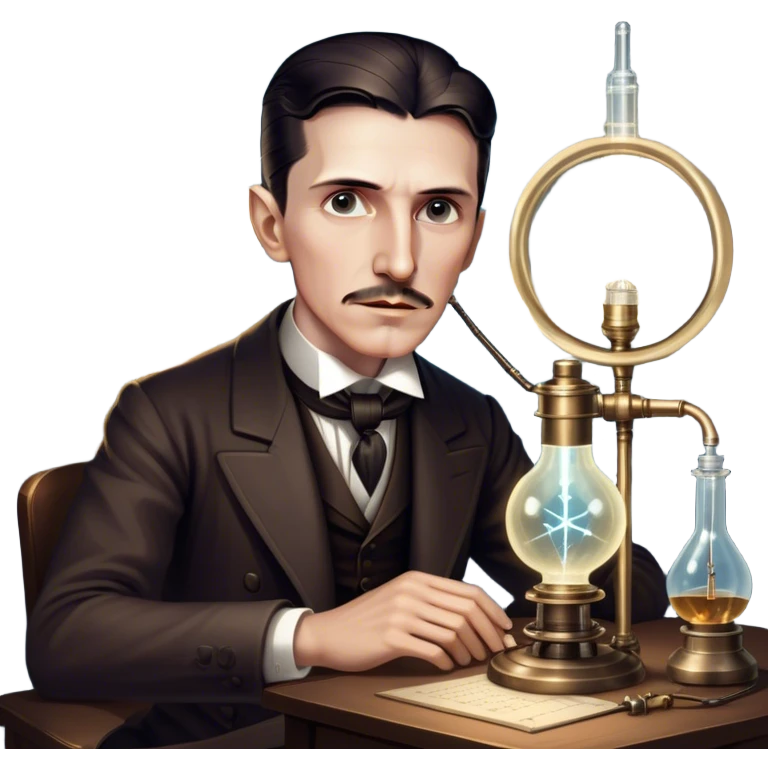 Nikola Tesla – Cinematic Realistic Portrait of Nikola Tesla, depicted as a visionary inventor with intense, thoughtful eyes and period attire, surrounded by subtle arcs of electric light and early laboratory apparatus, rendered with dramatic lighting that evokes mystery and innovation. emoji