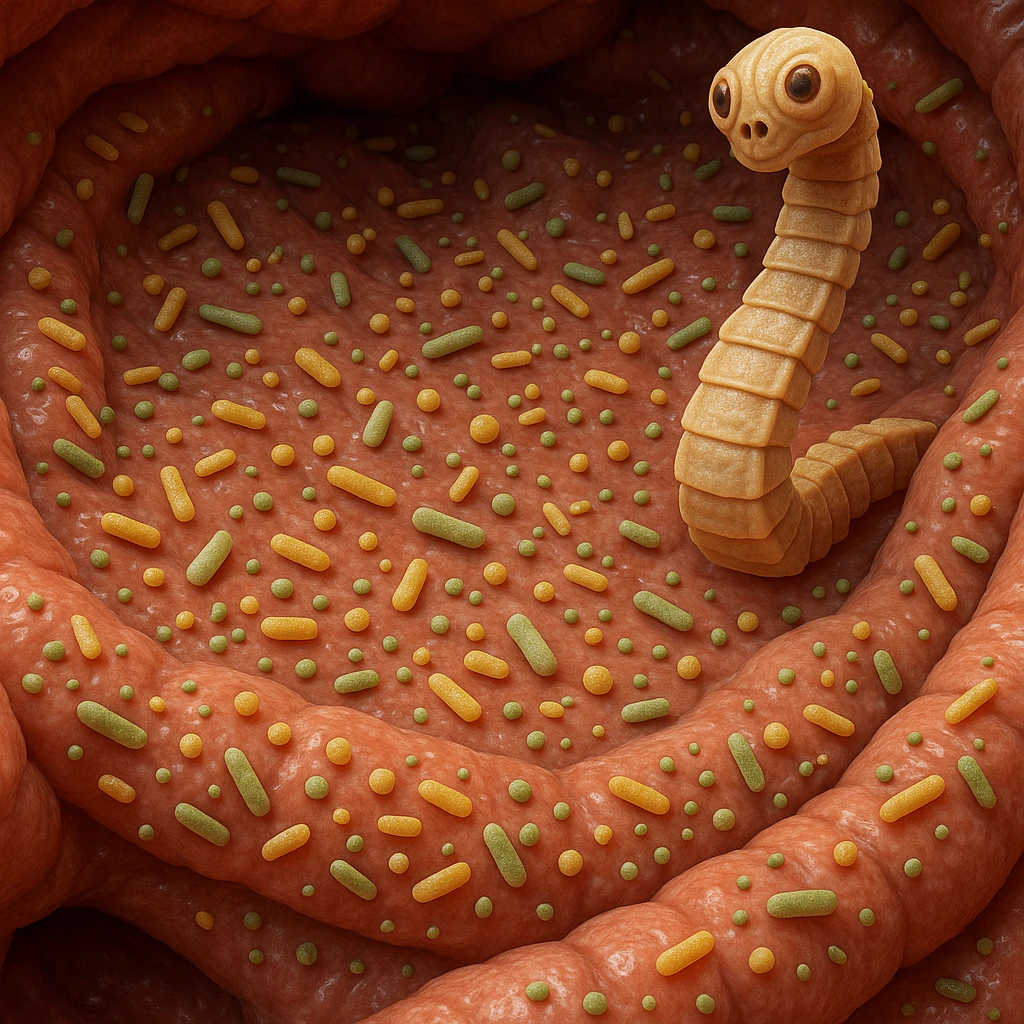 a medical illustration of a human realistic gut with bacteria and parasyte (tenia) realistic 4k real   emoji