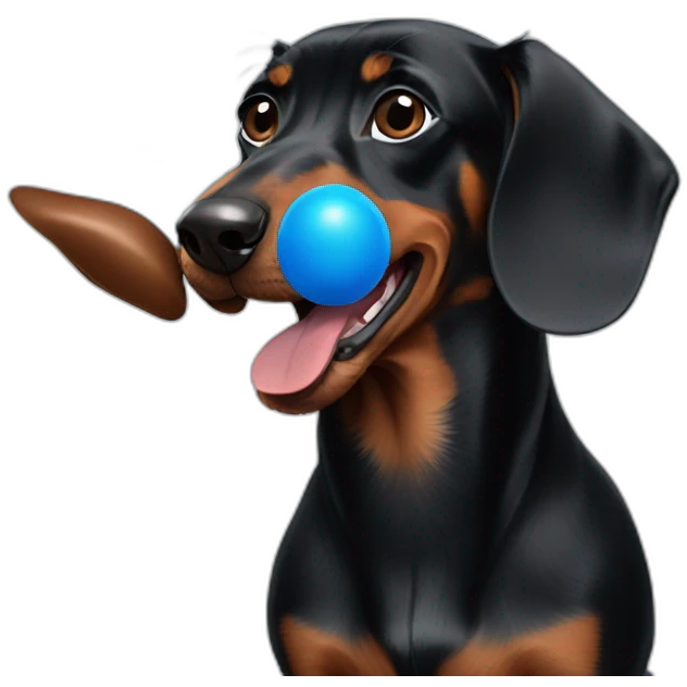 a black dachshund with brown paws and a blue ball in its mouth emoji