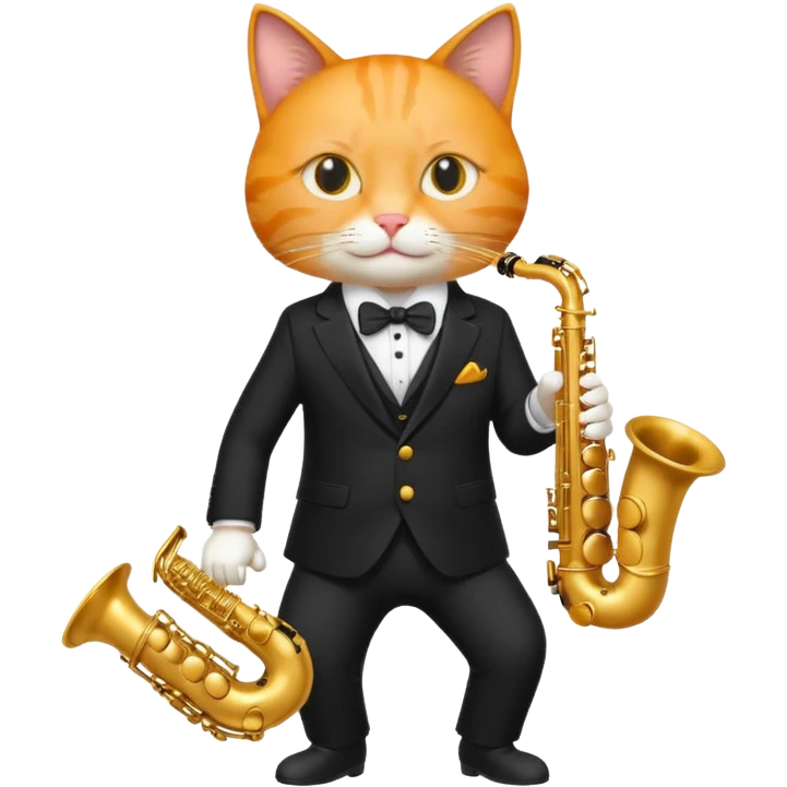 orange cat play gold saxophone, wear black suit emoji