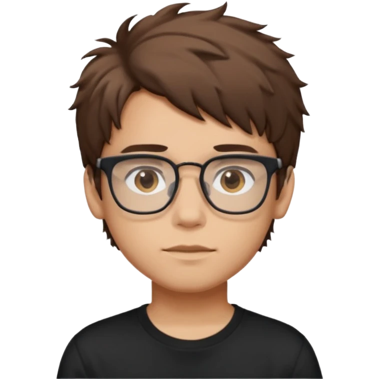 Create a emoji of a boy with brown messy hair with mid fade brown eyes ,rectangular glasses and black t-shirt emoji