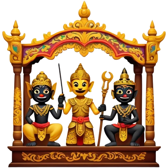 Cinematic Realistic Wayang Kulit Pop Culture Emoji, featuring a vibrant shadow-puppet theatre scene rendered with dynamic textures and artistic, traditional lighting. emoji