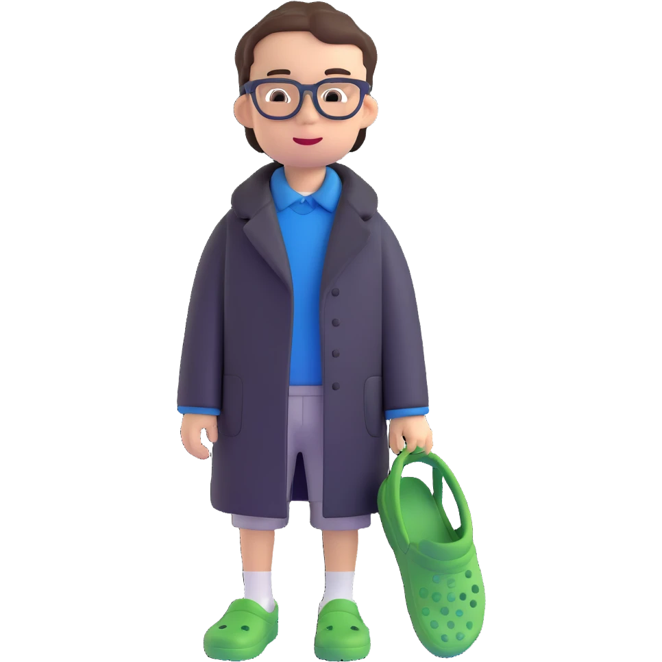 boy with glasses, short height, wearing crocs and a black coat emoji