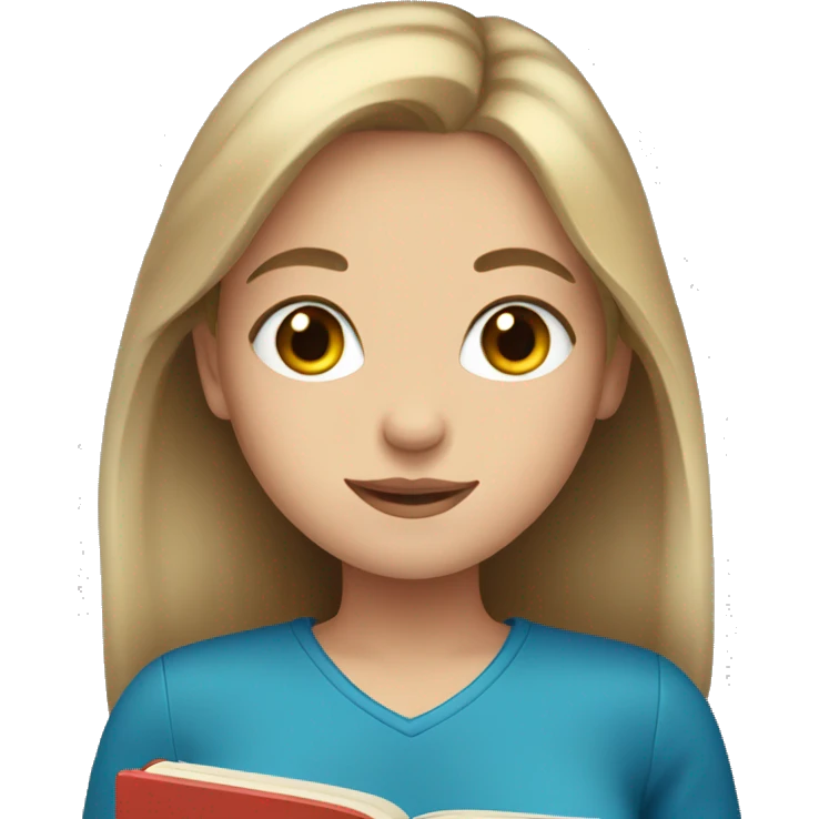 Girl with dark blonde hair and blue eyes holding a book emoji