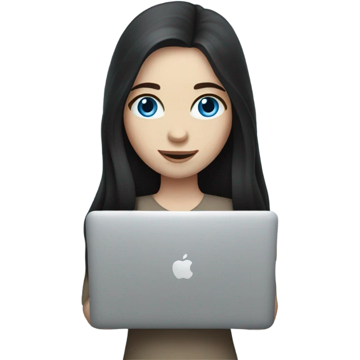 A girl with pale skin, blue eyes and dark long hair holding MacBook  emoji