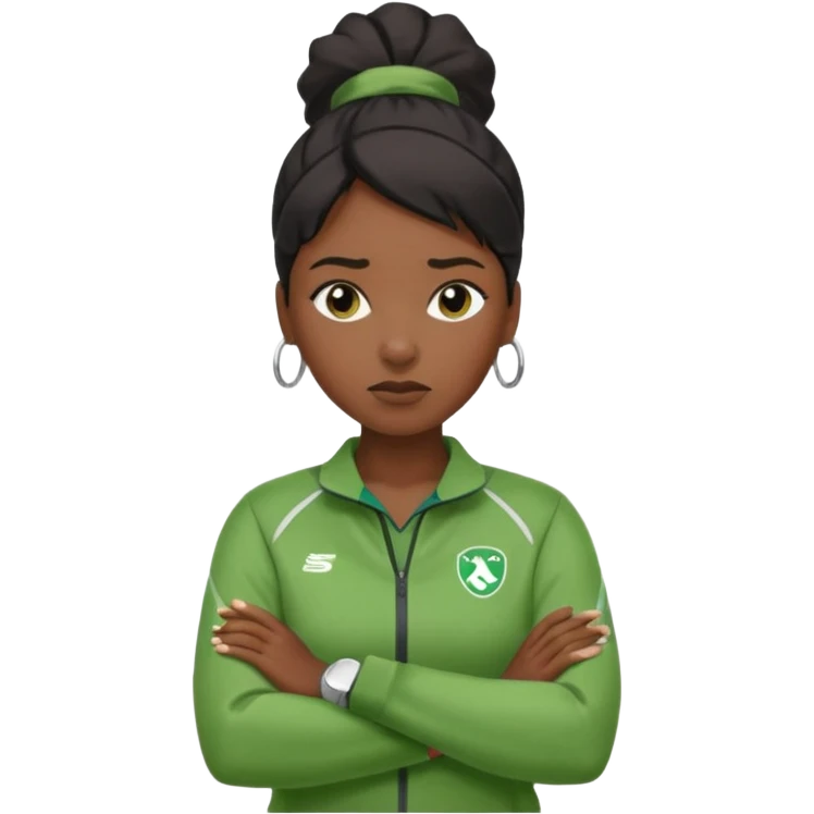 A calm black female coach with folded arms, analyzing the game with sharp focus, green clothes emoji