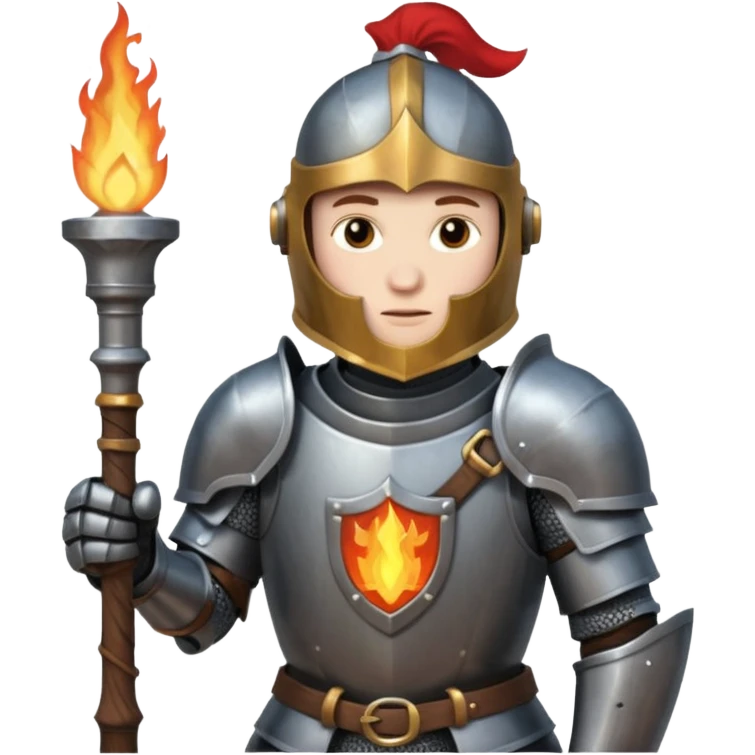 knight holding a short wooden torch in hand wearing darker, realistic iron armor emoji