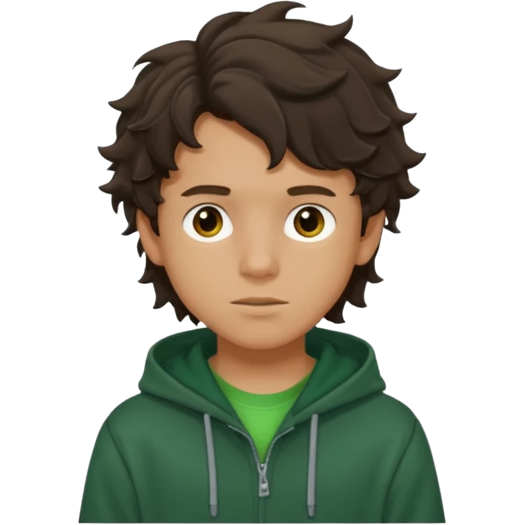 a 14 year old slightly tanned teenage boy with dark brown tousled wavy hair, wearing a green tshirt, with a dark green hoodie overcoat emoji