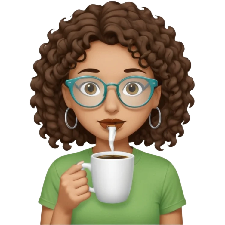 White girl with dark brown curly hair, brown eyes, sky blue glasses, nose piercing septum, green t shirt, drinking coffee from a cup emoji