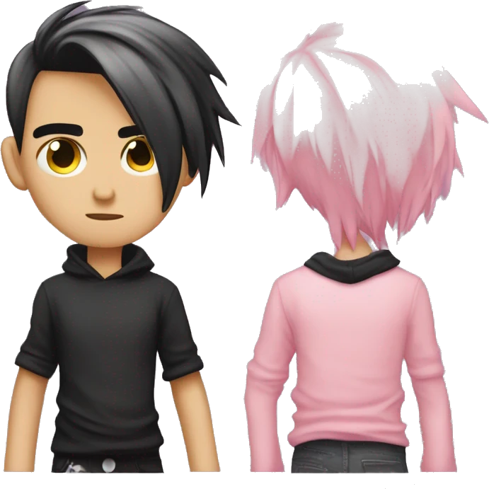 Create an emoji of an emo guy with split-dyed hair—one side pastel pink and the other side black. The hair should have a slightly messy, choppy texture, and the character should have a subtle, sad expression, wearing dark clothing typical of emo fashion emoji