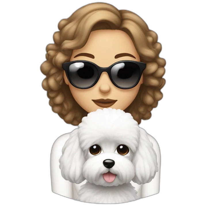 mujer pelo largo con gafas y perro bichon blanco emoji