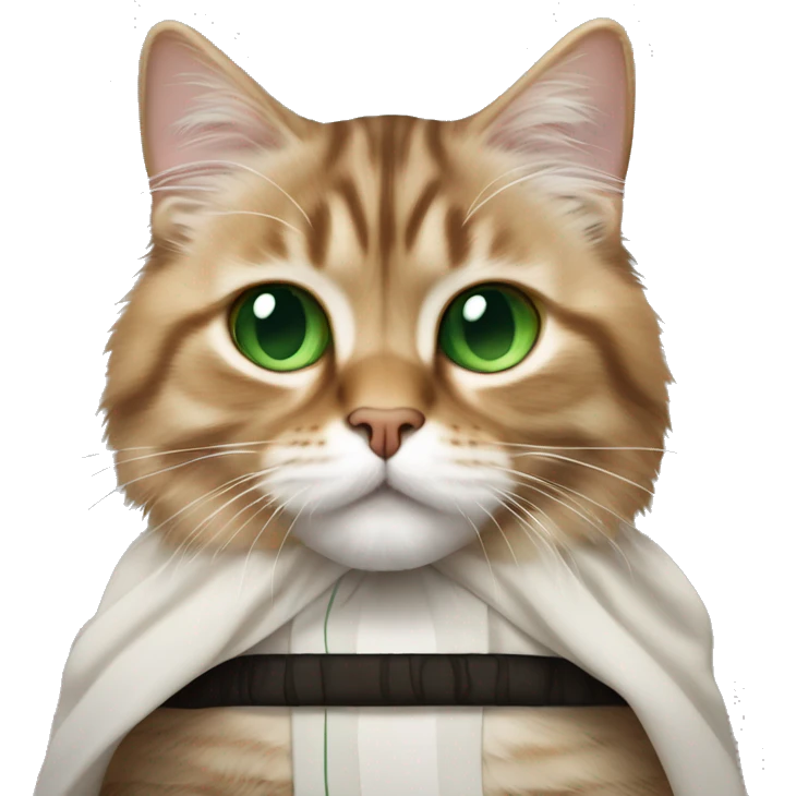 Brown Siberian cat with black stripes and green eyes dressed as obi wan kenobi emoji