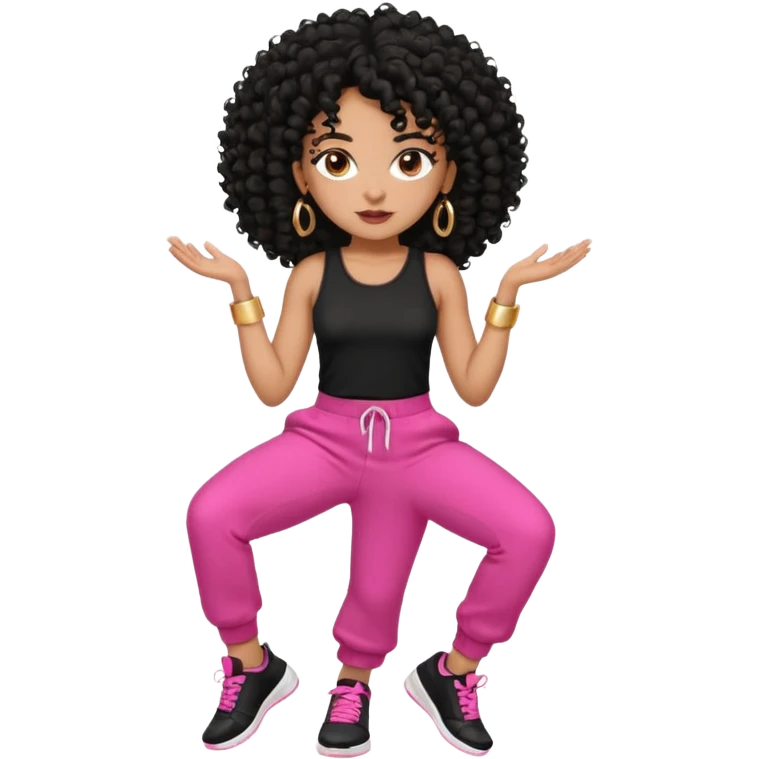 Black woman, adult, 4C black curly hair, dark brown eyes, wearing black top, pink pants, black sneakers, gold hoop earrings mostrando os músculos  emoji