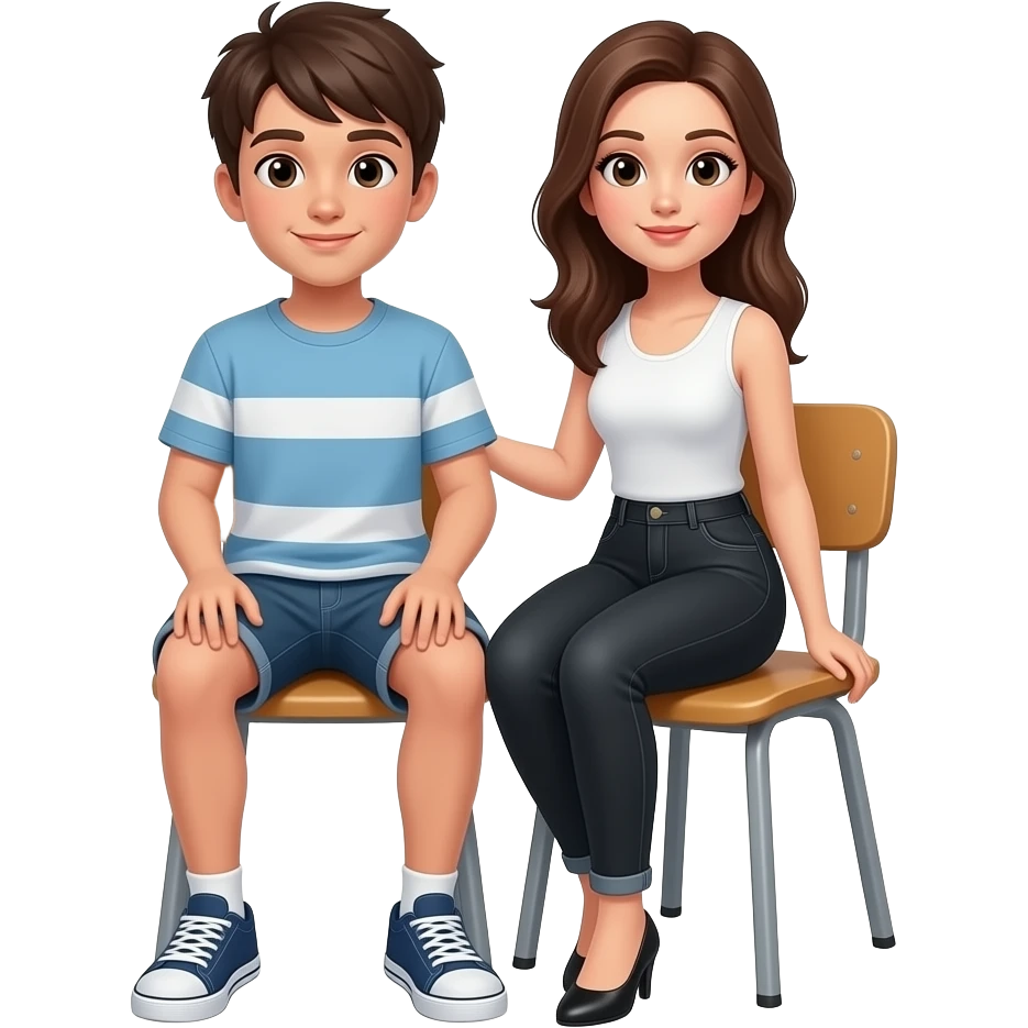 Teenager wearing short short sitting on chair, woman wearing short black jeans sitting on his thighs emoji