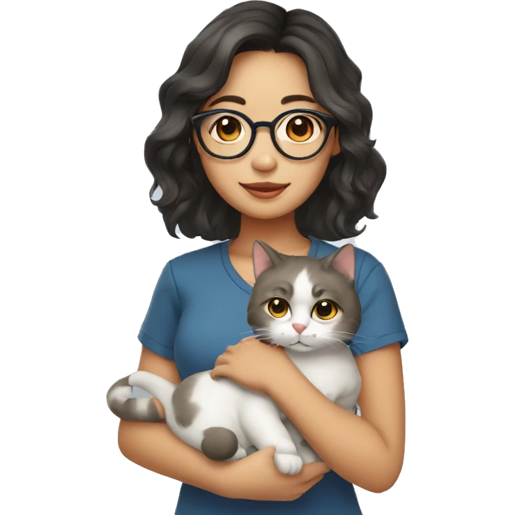 Southeast asian girl wearing glasses and shoulder length wavy hair holding a cat emoji