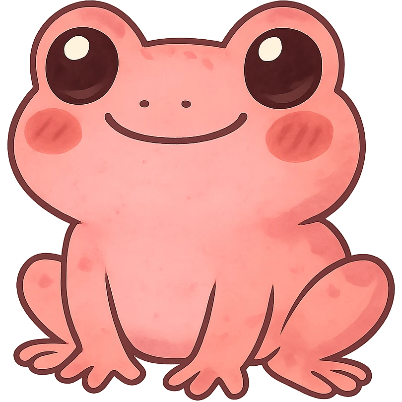 a cute pink frog, original design, big eyes, blushing cheeks, joyful emoji