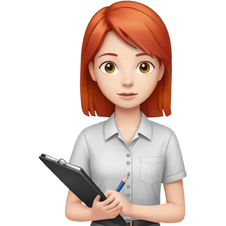 Intern or volunteer red hair holding a clipboard and pencil, ready to take notes or assist. The character wears a simple shirt and has an eager posture emoji
