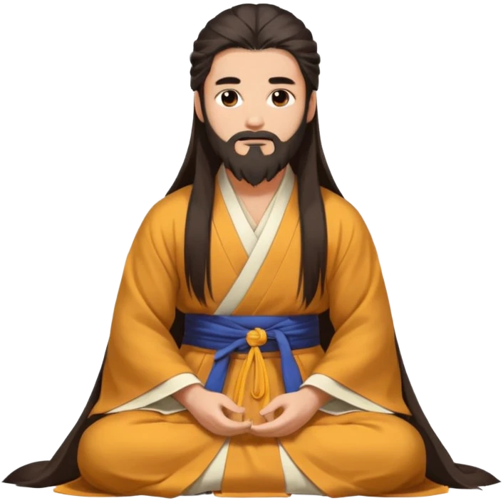 Beautiful man with lightly tan skin and dark long beard, long hair, in Hanfu sitting on the ground emoji