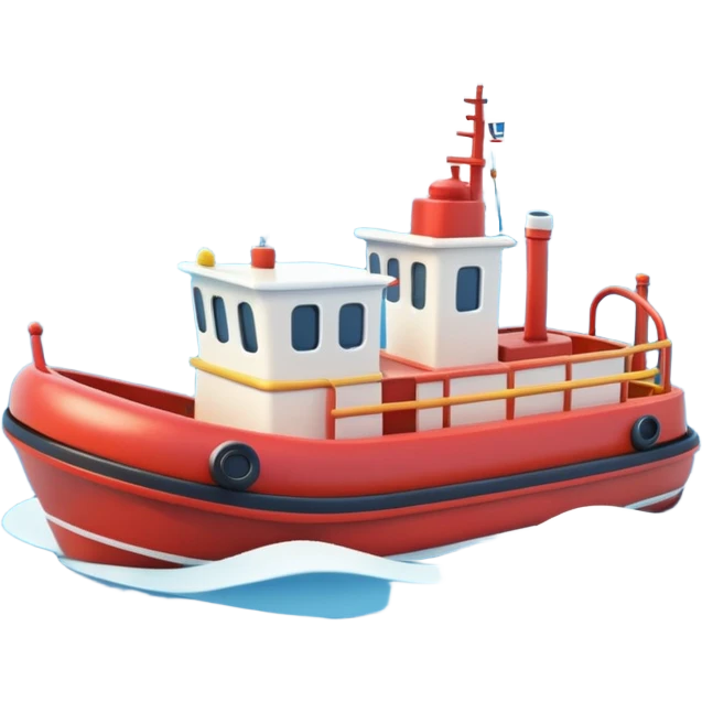 A 3D cartoon tugboat towing another boat on calm blue water, soft waves, clear sky, Memoji-style. emoji